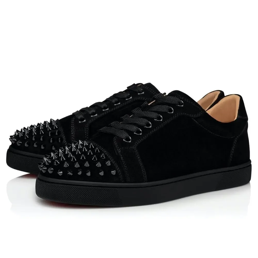 Christian Louboutin Vieira Spikes Flat Black Suede Lace Up Low Top Sneaker 40.5